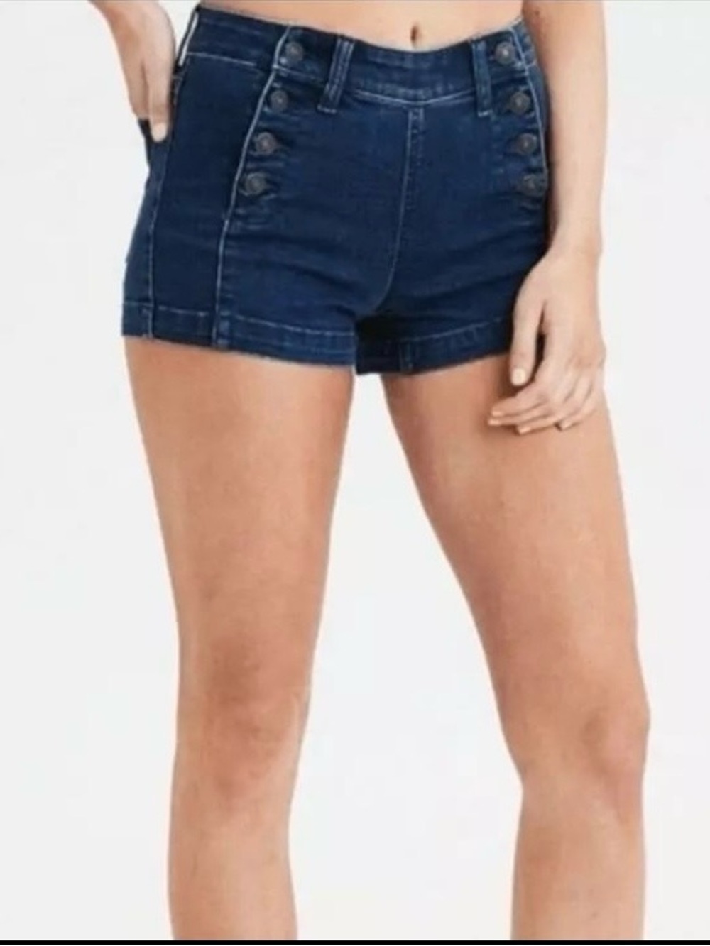 American Eagle Outfitters Dark Blue High-Rise Denim Shorts with Button Accents